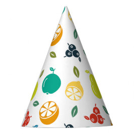 フルーツパターン，プラム，オレンジ，レモン，梨，リンゴ パーティーハット