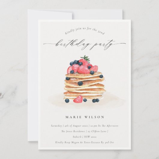 フルーツパンケーキ水の色任意の年齢誕生日招待状 サンキューカード (正面)