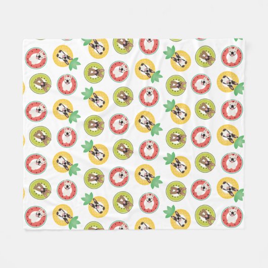 フルーツプフランスのールにブルドッグが浮き模様 フリースブランケット (正面(横))