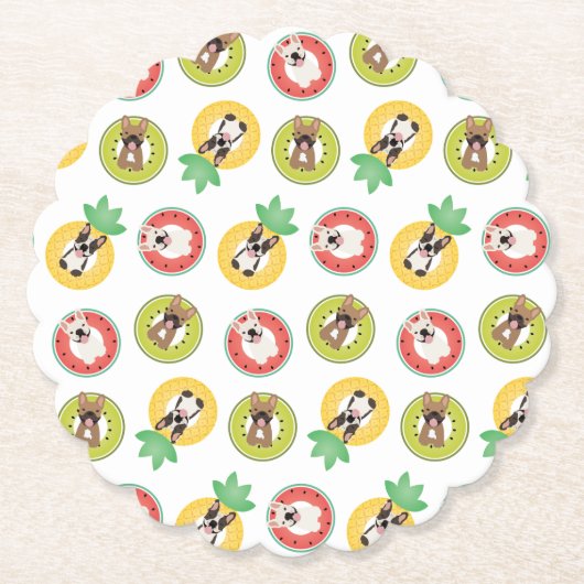 フルーツプフランスのールにブルドッグが浮き模様 ペーパーコースター (正面)