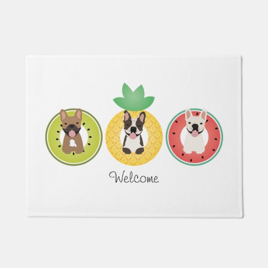 フルーツプフランスのールに浮かぶブルドッグ ドアマット (正面)