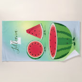 フルーツマンガに笑顔の漫画緑のスイカ ビーチタオル (正面)