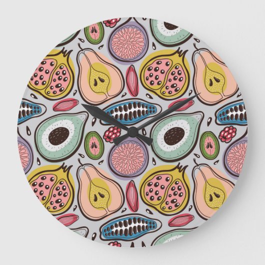 フルーツメドレー：シームレ鮮やかームパターン ラージ壁時計 (正面)