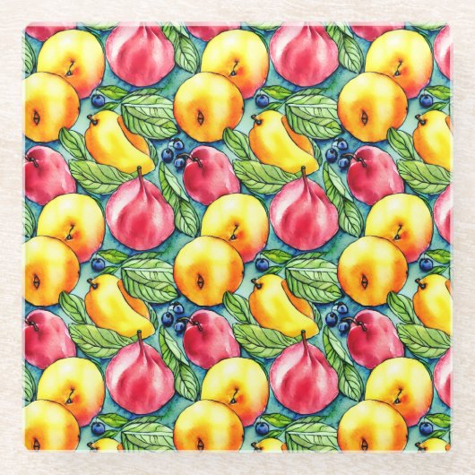 フルーツリンゴ梨の夏の水の色のパターン ガラスコースター (正面)