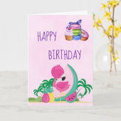 フルーツ及びマカロンのハッピーバースデーのピンクのフラミンゴ カード (黄色い花)