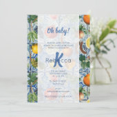 フルーツ地中海のブルー白モザイク赤ちゃんシャワー 招待状 (スタンド正面)