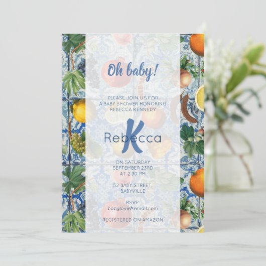 フルーツ地中海のブルー白モザイク赤ちゃんシャワー 招待状 (スタンド正面)