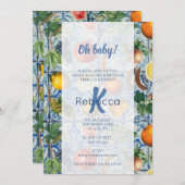 フルーツ地中海のブルー白モザイク赤ちゃんシャワー 招待状 (正面/裏面)