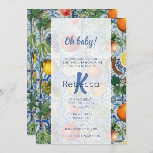 フルーツ地中海のブルー白モザイク赤ちゃんシャワー 招待状 (正面/裏面)
