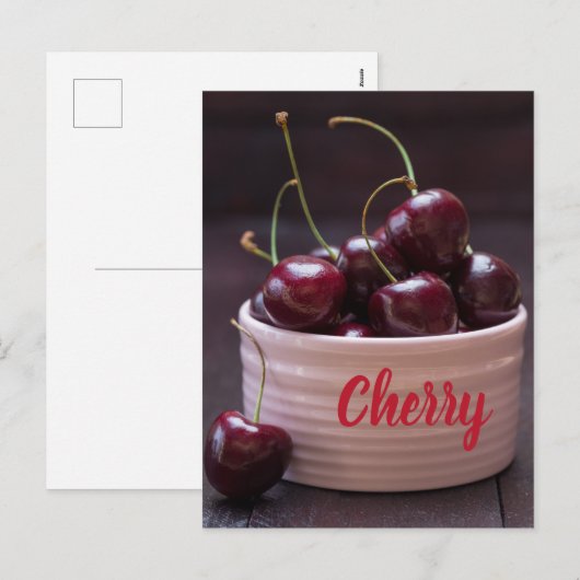 フルーツ好きのピンクボウルにさくらんぼ シーズンポストカード (正面/裏面)