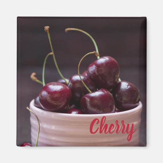 フルーツ好きのピンクボウルにさくらんぼ マグネット (正面)