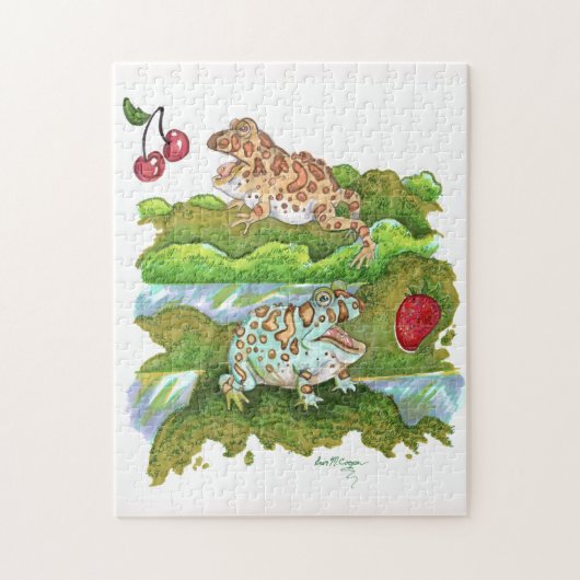 フルーツ華美アートを追う角のあるカエル ジグソーパズル (縦)