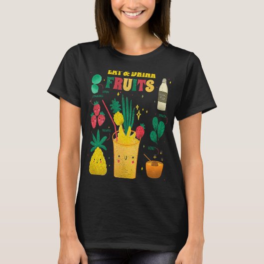 フルーツ食べを飲みて健康と牧歌的に振る Tシャツ (正面)