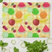 フルーツ黄色いギンガムチェックかわいい キッチンタオル (折り畳み)