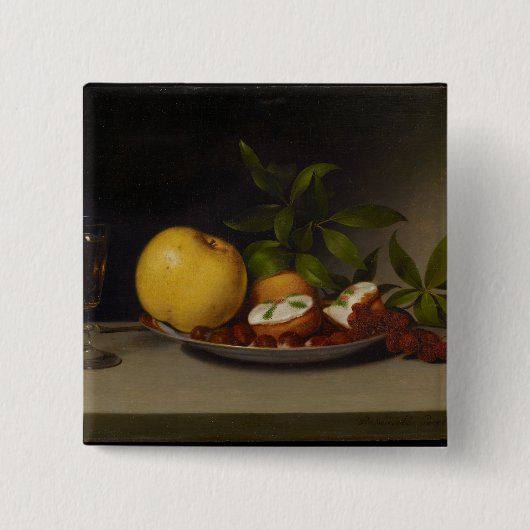 フルーツ、ケーキおよびワイン1821年が付いている静物画 缶バッジ (正面)