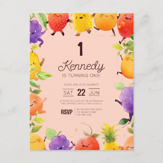 フルーツ テーマの誕生日招待状 ポストカード (正面)
