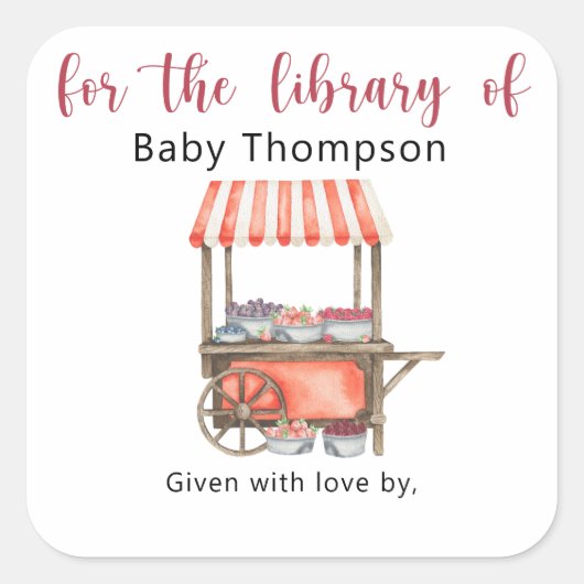 フルーツ - ベビーシャワーのブックプレート、赤ちゃんのための本 スクエアシール (正面)