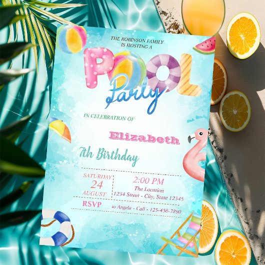 フルーツ ヤシの葉 プール サマー 誕生日会 招待状