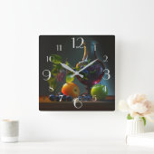 フルーツ、ワイン、ブドウが生き続ける スクエア壁時計 (ホーム)