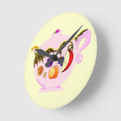 フルーツ&葉中国ピンクティーポットラウンドウォールクロック ラウンド壁時計 (傾斜)