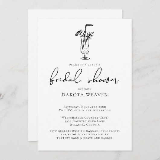 フルーティドリンク白黒書道ブライダルシャワー 招待状 (正面/裏面)