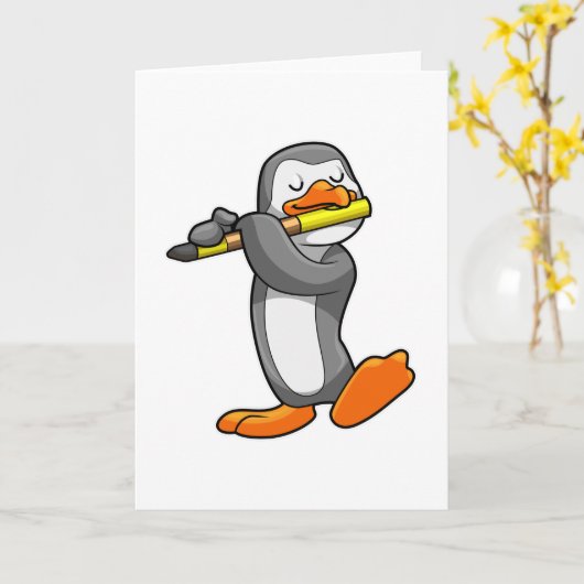 フルートで音楽を奏でるペンギン カード (黄色い花)