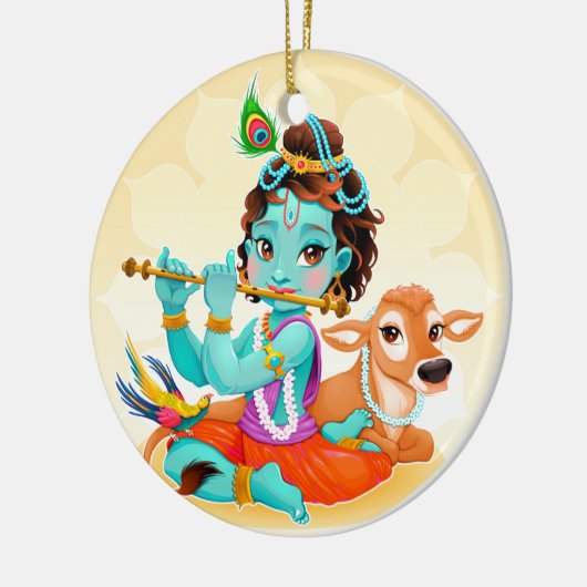 フルートのイラストレーションを遊んでいるKrishnaのインドの神 セラミックオーナメント (左)