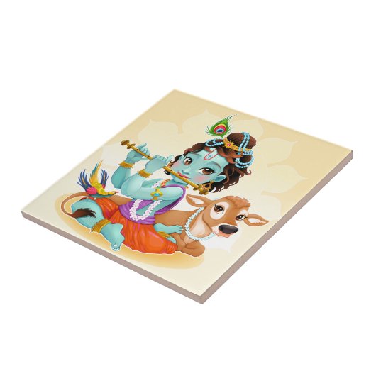 フルートのイラストレーションを遊んでいるKrishnaのインドの神 タイル (側面)