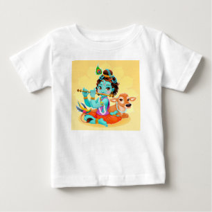 フルートのイラストレーションを遊んでいるKrishnaのインドの神 ベビーTシャツ