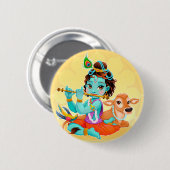 フルートのイラストレーションを遊んでいるKrishnaのインドの神 缶バッジ (正面&裏面)
