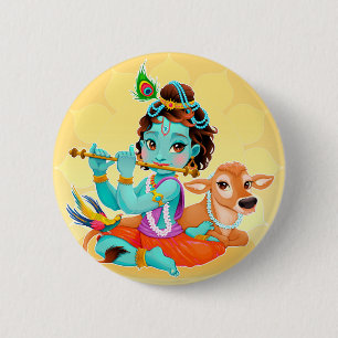 フルートのイラストレーションを遊んでいるKrishnaのインドの神 缶バッジ