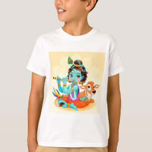 フルートのイラストレーションを遊んでいるKrishnaのインドの神 Tシャツ