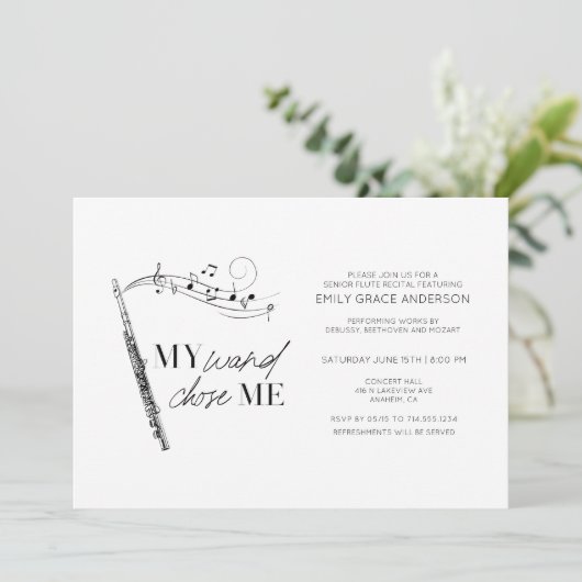 フルートのリサイタル私の杖は私を選んだ引用文ブラック&ホワイト 招待状 (スタンド正面)