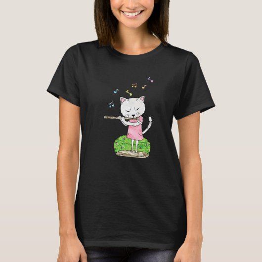 フルートの猫の遊親をキャット Tシャツ (正面)