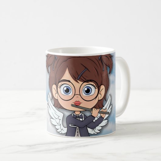 フルートを持つ漫画風の天使 コーヒーマグカップ (正面右)