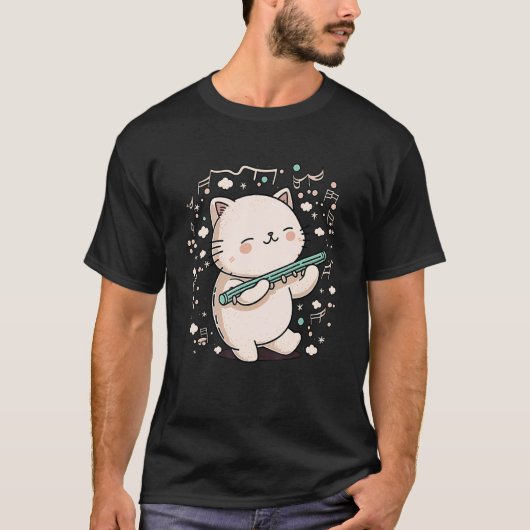 フルートを演奏する猫 キティー 猫好きTシャツ 猫 Tシャツ (正面)