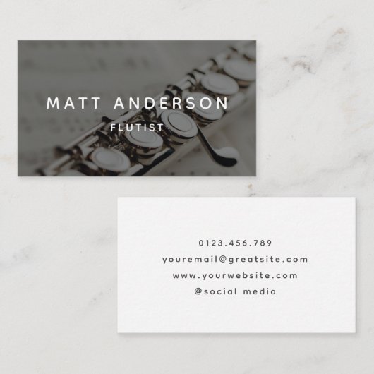 フルートスタイリッシュミュージシャンミニマル白黒 名刺 (正面/裏面)