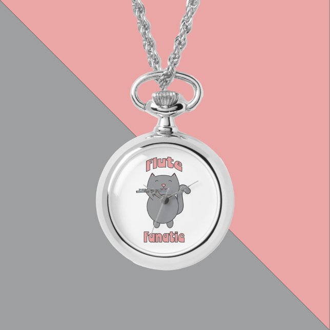 フルートマニアックグレー猫面白グッズ 腕時計 (A watch necklace with a cute gray cat and the text flute fanatic in pink.)