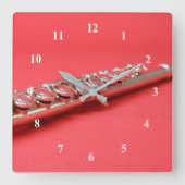 フルート生のピンクの木管音楽 スクエア壁時計 (正面)