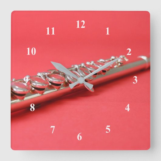 フルート生のピンクの木管音楽 スクエア壁時計 (正面)