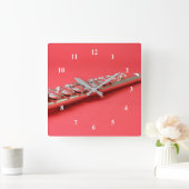 フルート生のピンクの木管音楽 スクエア壁時計 (ホーム)