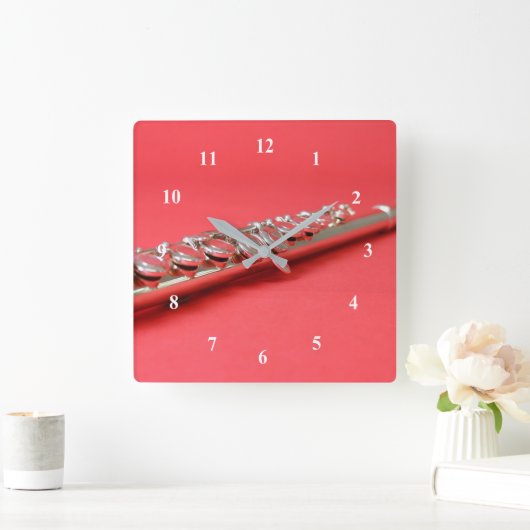 フルート生のピンクの木管音楽 スクエア壁時計 (ホーム)