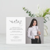 フルート発表会 音符 ブラック＆ホワイト フォト 招待状 (スタンド正面)
