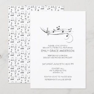 フルート発表会 音符 モノクロ 招待状
