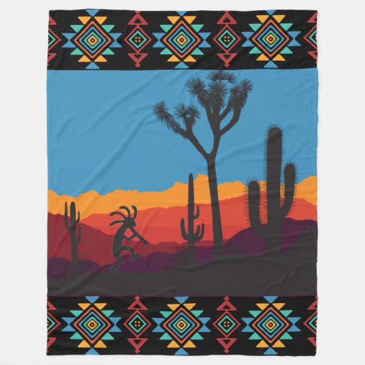 フルート遊の砂漠の風景ココペリ フリースブランケット (正面)