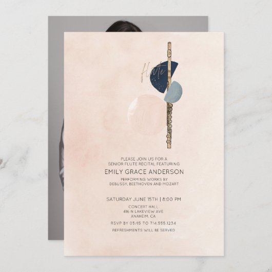フルート リサイタル 写真 招待状 抽象的な ブッシュピンクと青のデザイン (正面/裏面)