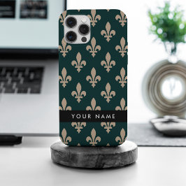 フルールドリス、グリーンにベージュ、ロイヤル、あなたの名前 iPhone 15 PRO MAXケース