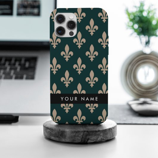 フルールドリス、グリーンにベージュ、ロイヤル、あなたの名前 iPhoneケース