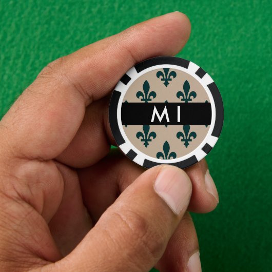 フルールドリス、ベージュにグリーン、ロイヤル、あなたの名前 ポーカーチップ (手)