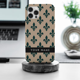 フルールドリス、ベージュにグリーン、ロイヤル、あなたの名前 iPhone 15 PRO MAXケース